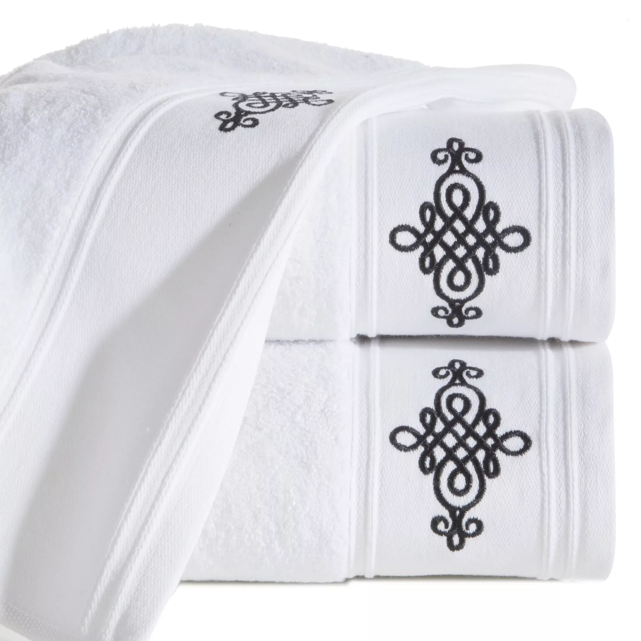 Ręcznik kąpielowy 70x140 cm bawełniany kolor biały z bordiurą zdobioną ornamentowym haftem 600 g/m2 KLAS2