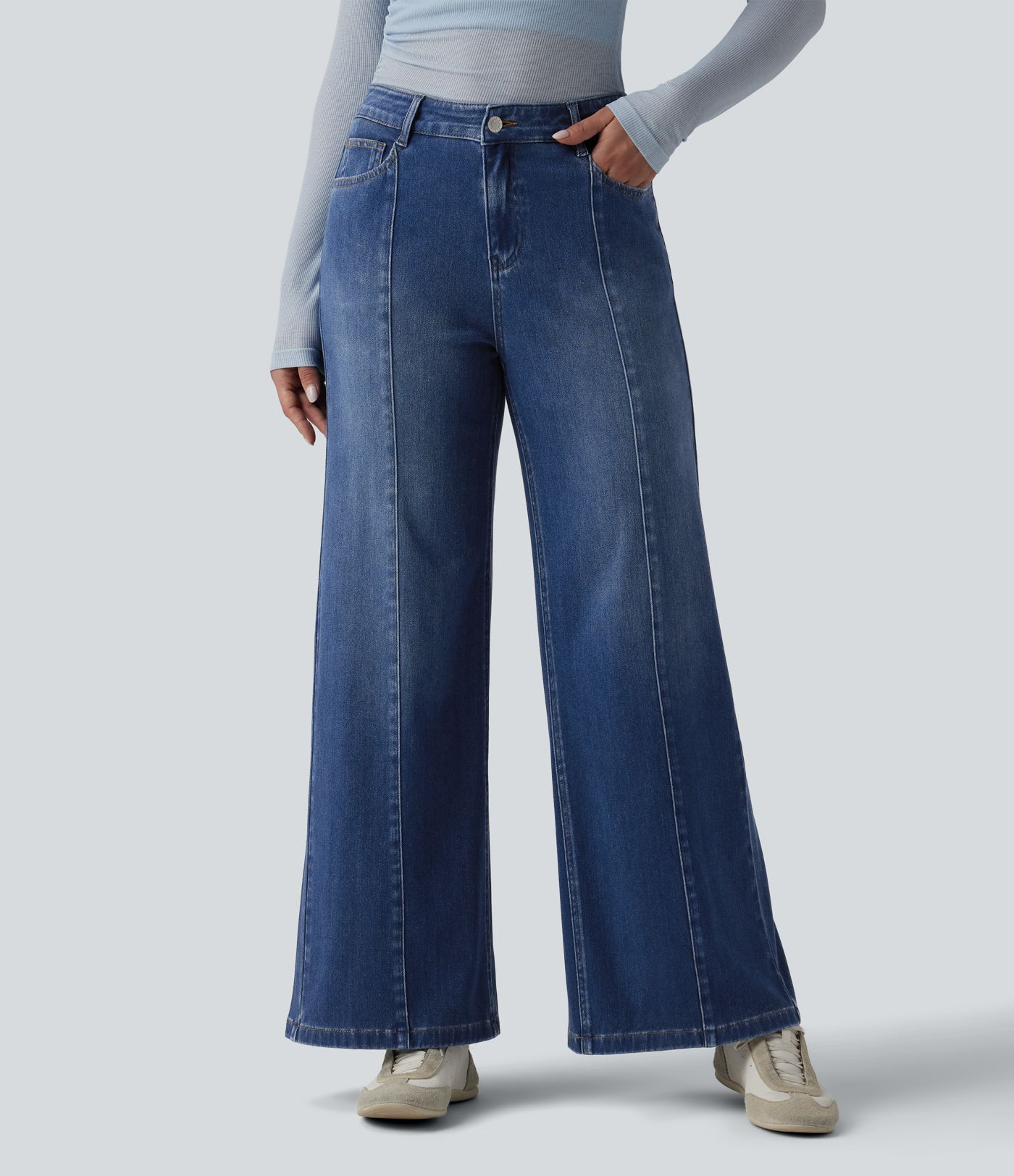 Halara Flex™ Jean droit casual taille mi-haute en lyocell drapé, avec poches