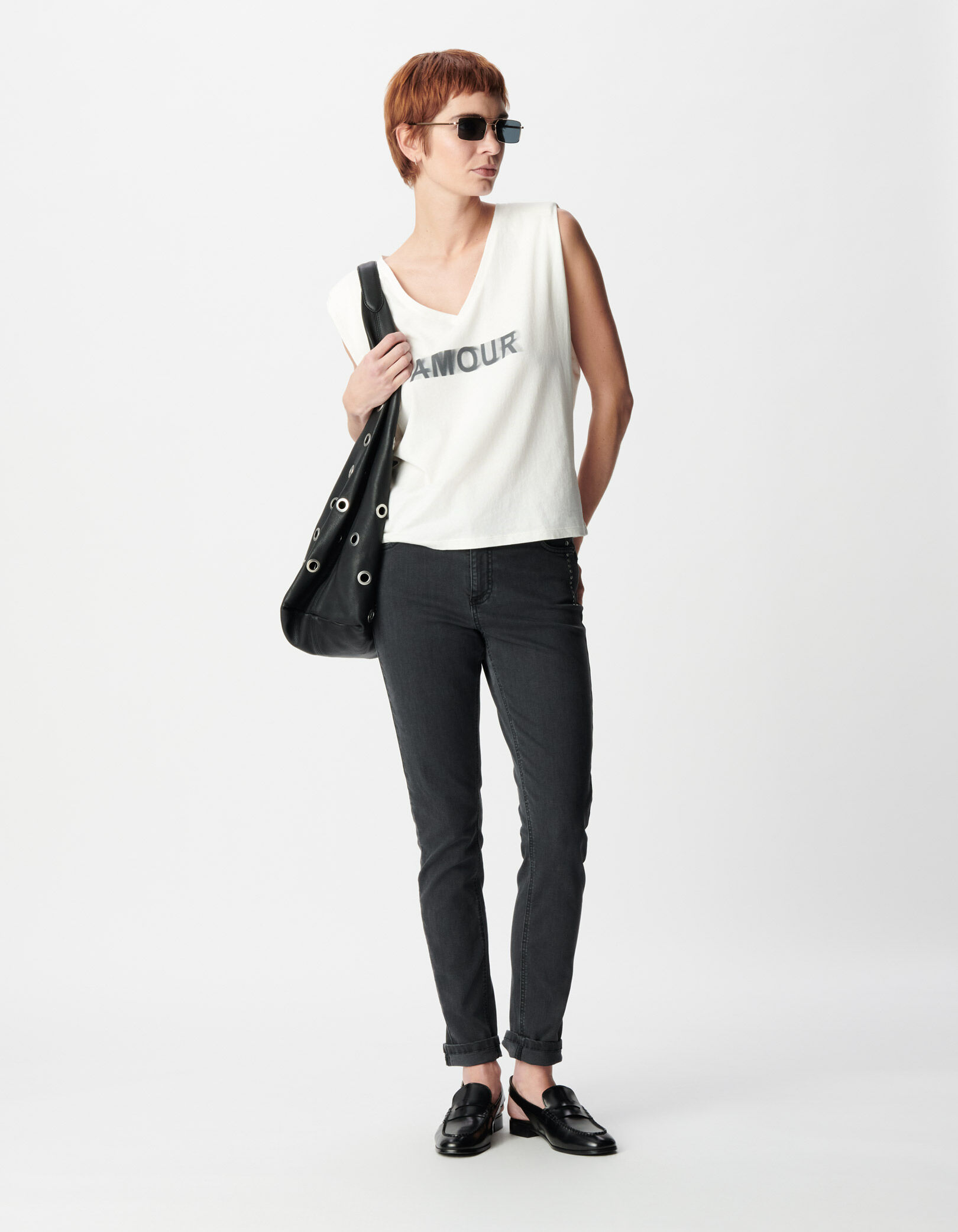 Tee-shirt blanc coton bio message épaulettes Femme