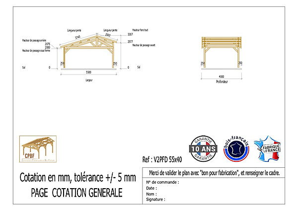 Carport 2 pentes faitage décalé, 550cmx400cm, bois DOUGLAS français(Charpente en bois-auvent-abri voiture)22m².Garantie 10 ans