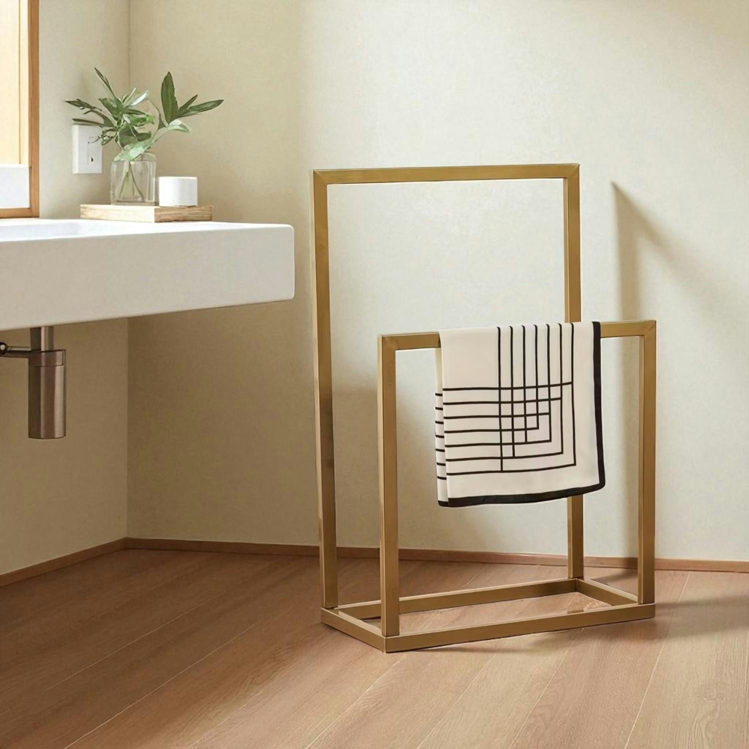 Porte-serviettes sur pied - 2 barres dorées, style design SFAX