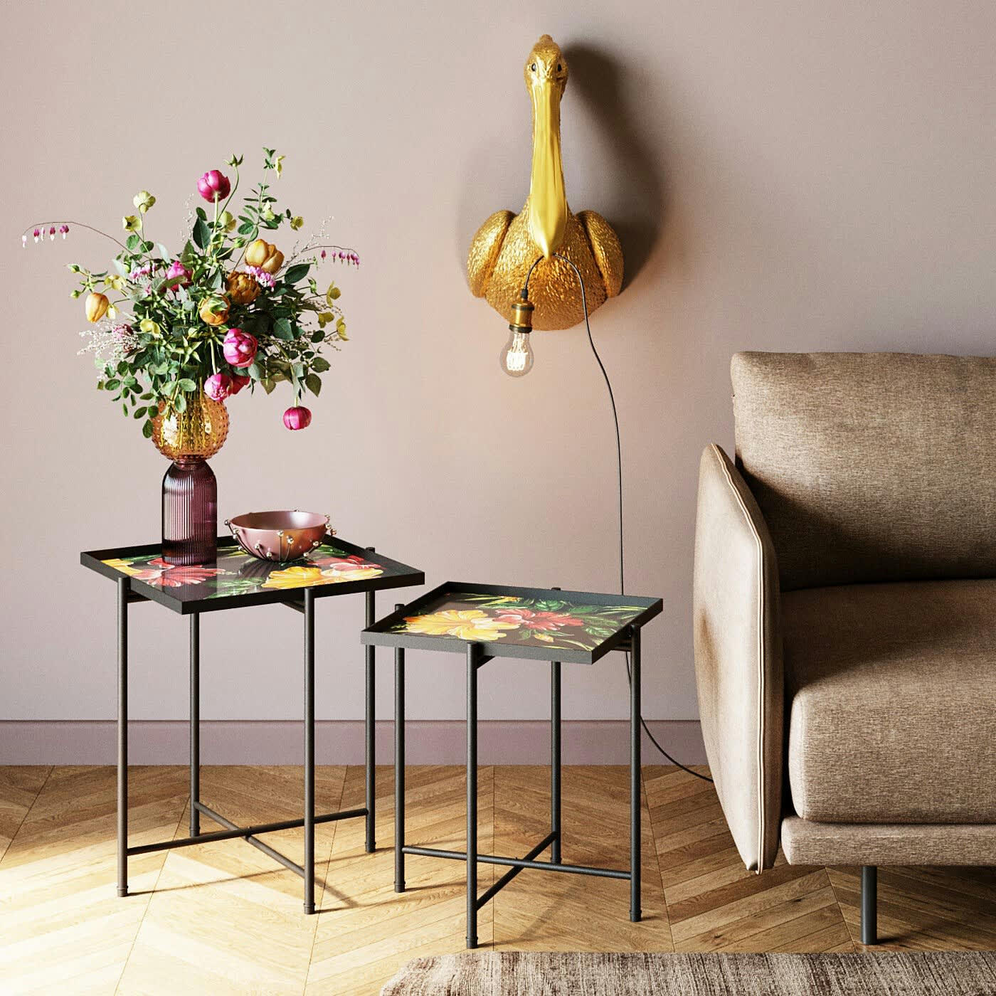 - Tables d'appoint noires fleurs set de 2 Kare Design
