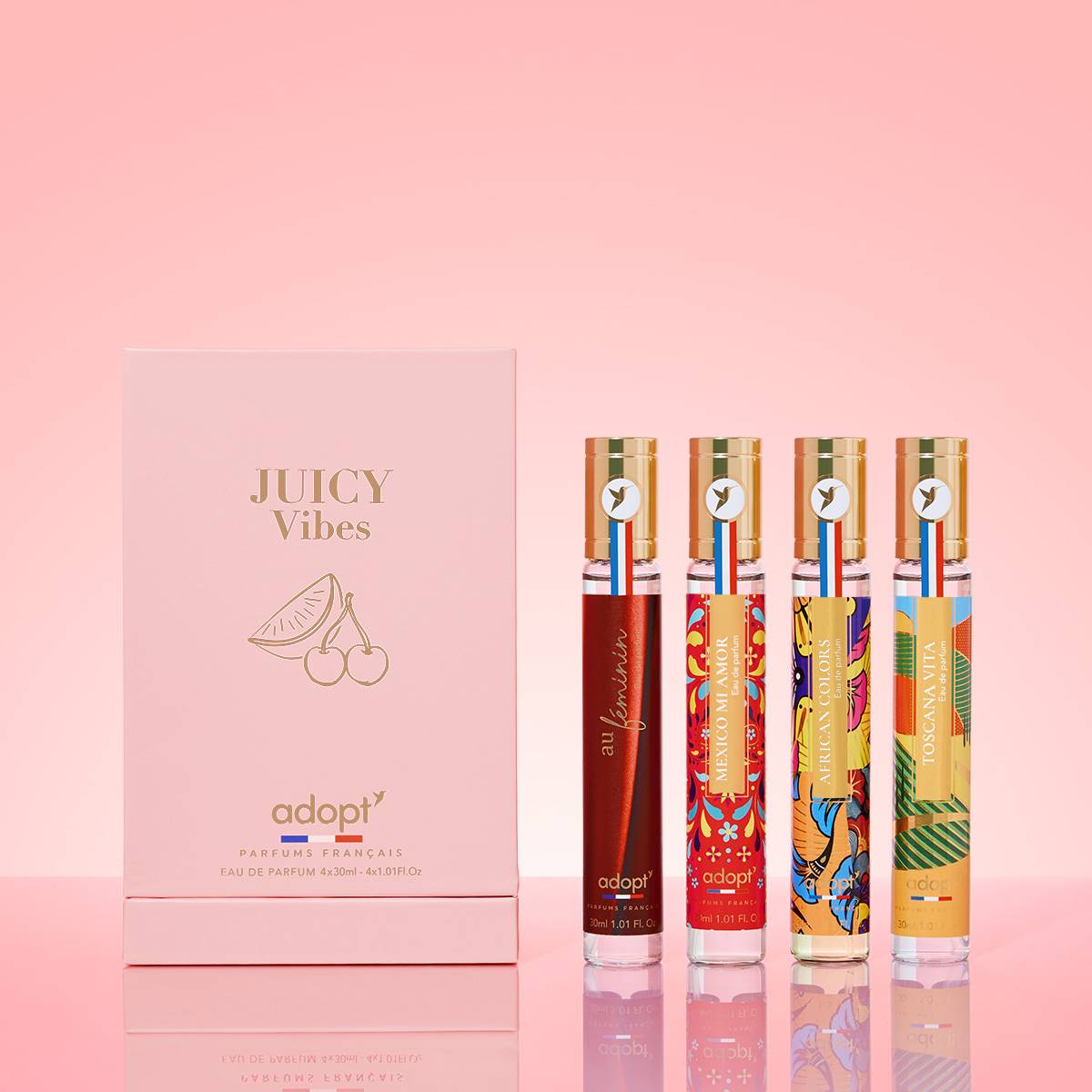 Juicy vibesCoffret 4 eaux de parfums Au féminin 30 ml   Mexico mi amor 30 ml   African colors 30 ml   Toscana Vita 30 ml