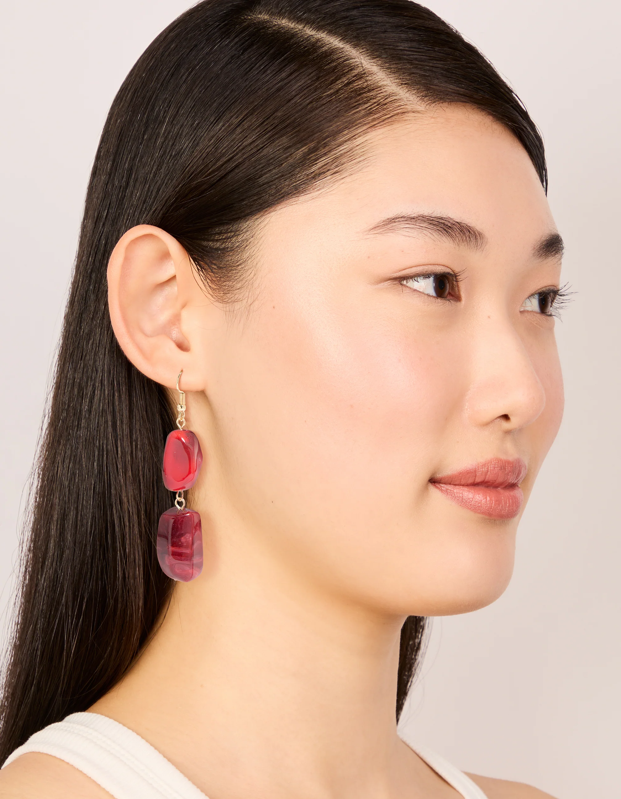 Gold Red Beaded Rectangular Drop Earrings