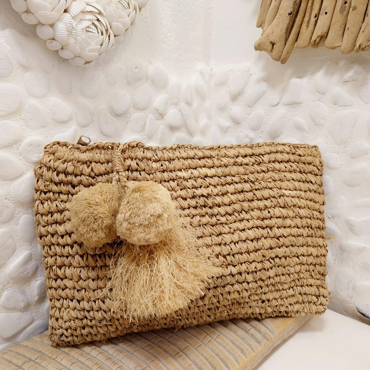 BONA - Pochette en raphia naturel avec pompons, beige 