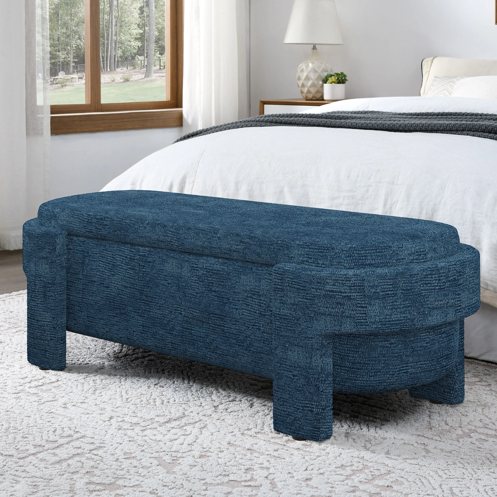Linen Fabric Upholstered Bench with Large Storage Space