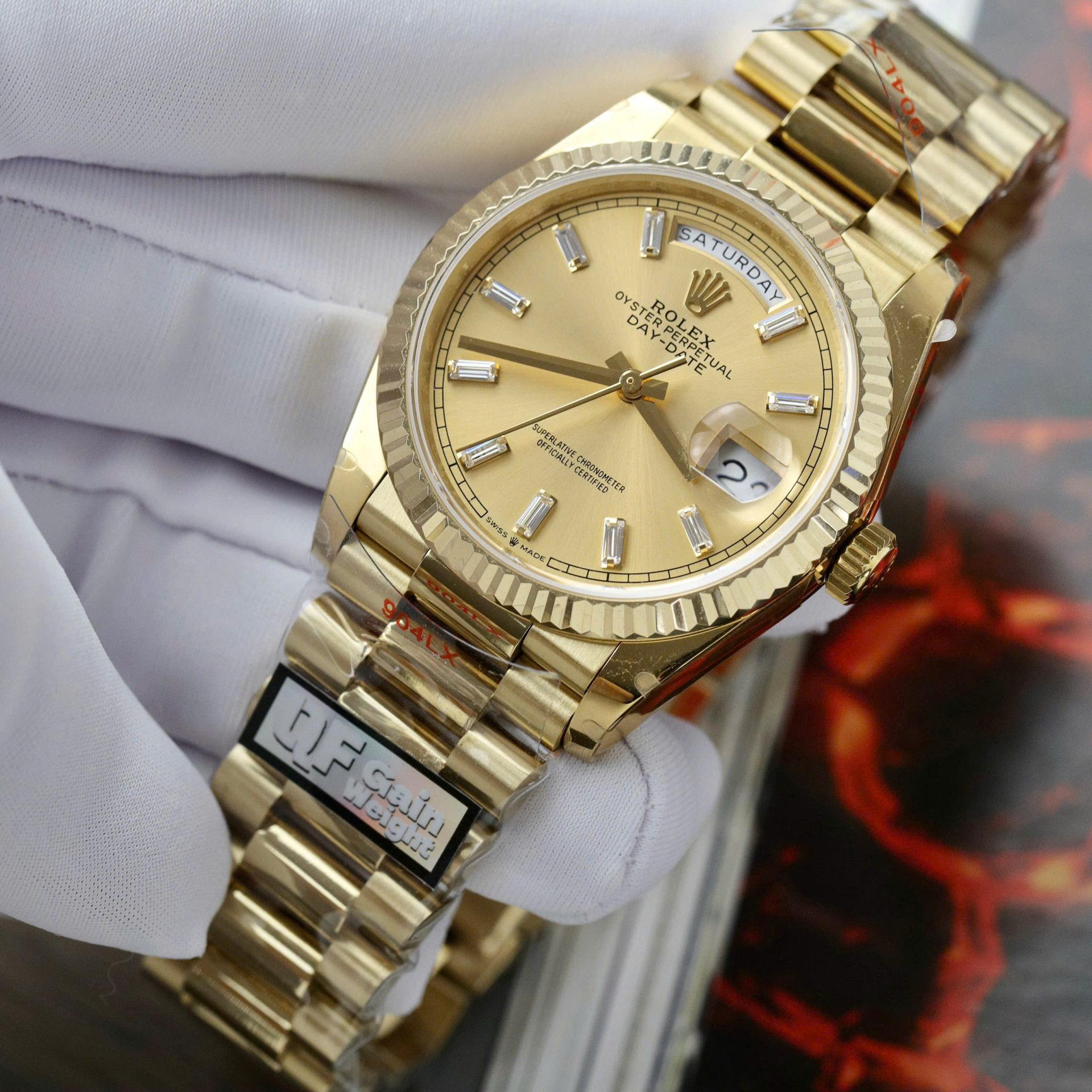 Rolex Day-Date 128238 YG Plated Champagne Dial Baguette Diamonds 36mm Super Clone