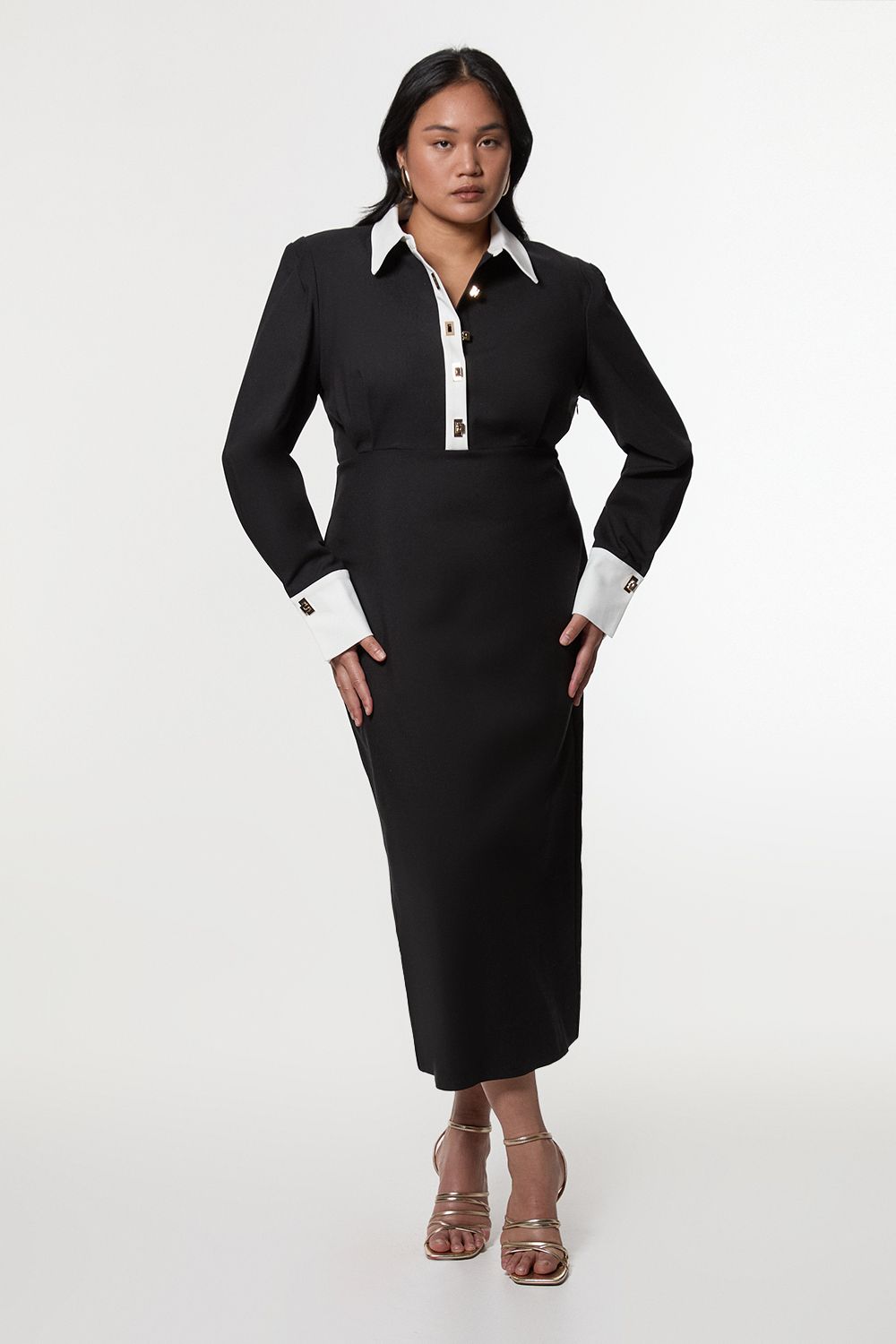 KarenMillen Plus Size Techno Cotton Woven Maxi Dress With Contrast Placket