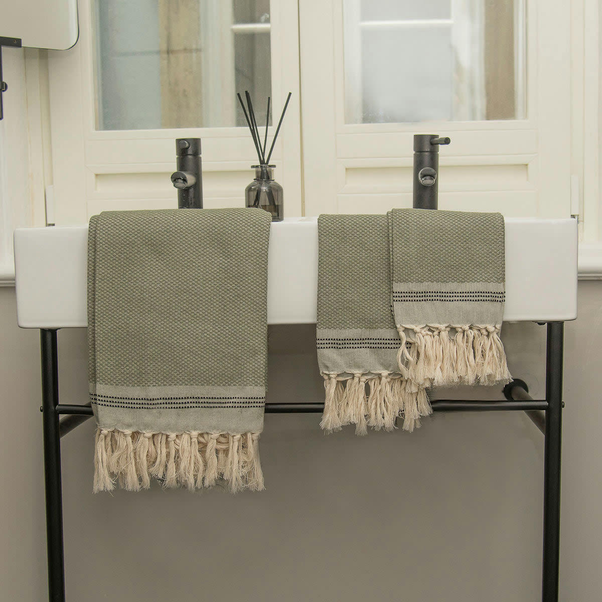 HANA - Set 1 fouta + 2 serviettes coton  100x200 + 50x80 (x2) olive