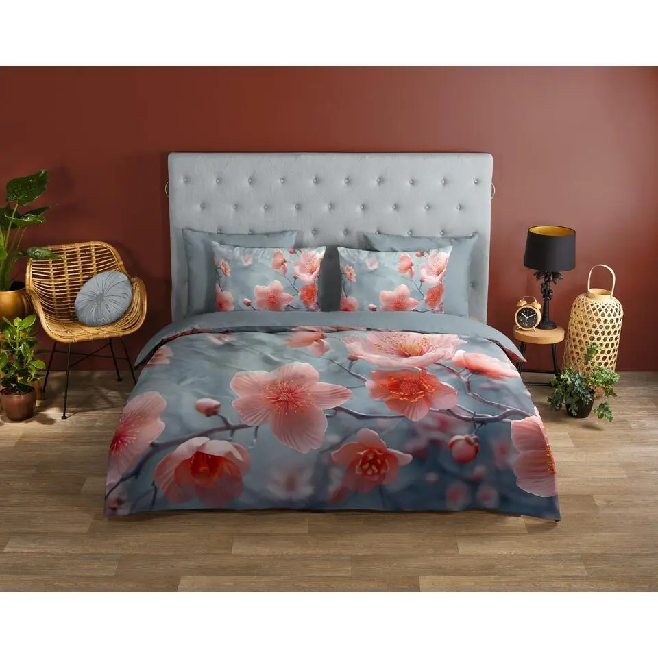 Good Morning Roze Bloemen Dekbedovertrek Grijs-1-persoons (140 x 200/220 cm)
