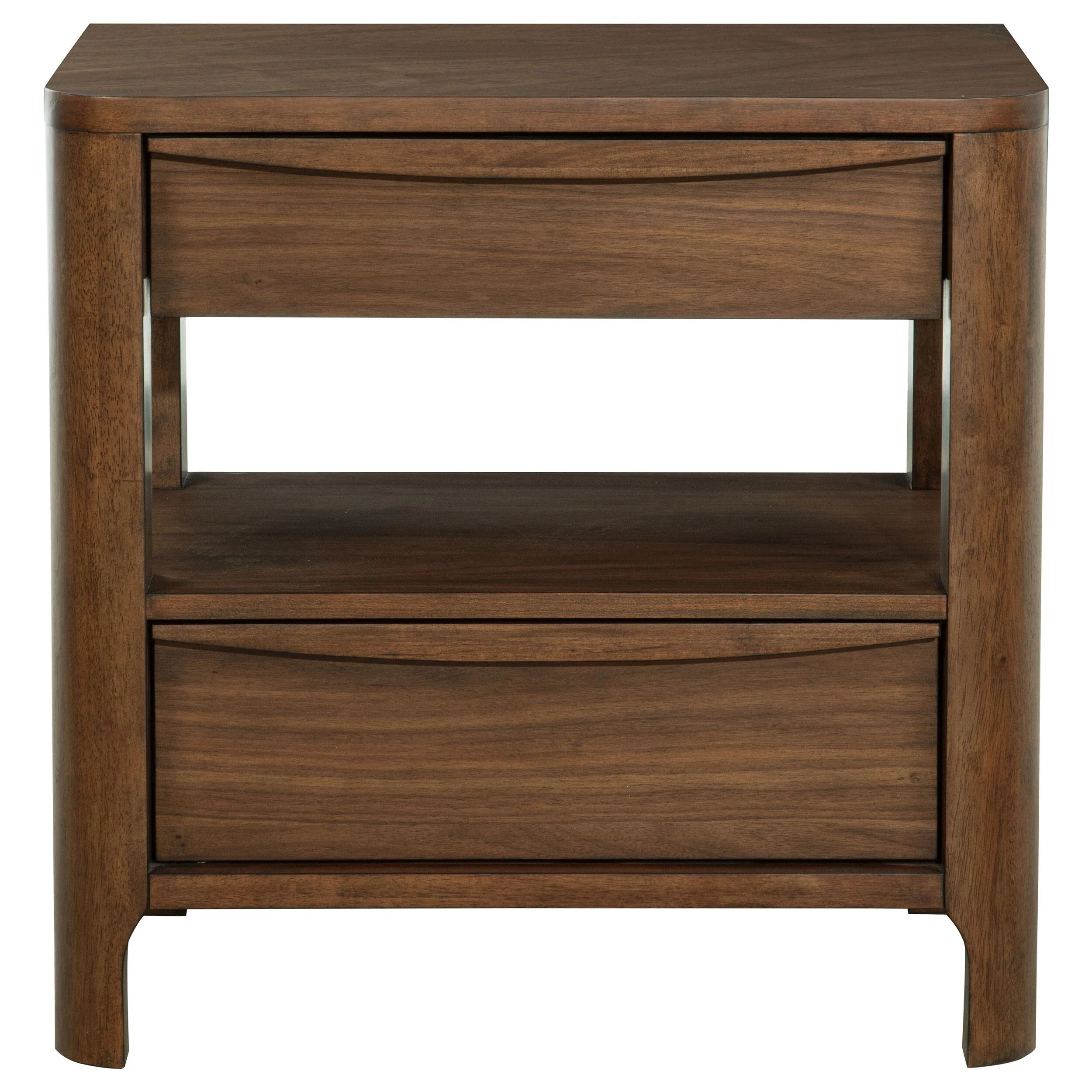 Rie Nightstand w 2 Drawers and Lower Shelf, Walnut Brown Poplar Wood