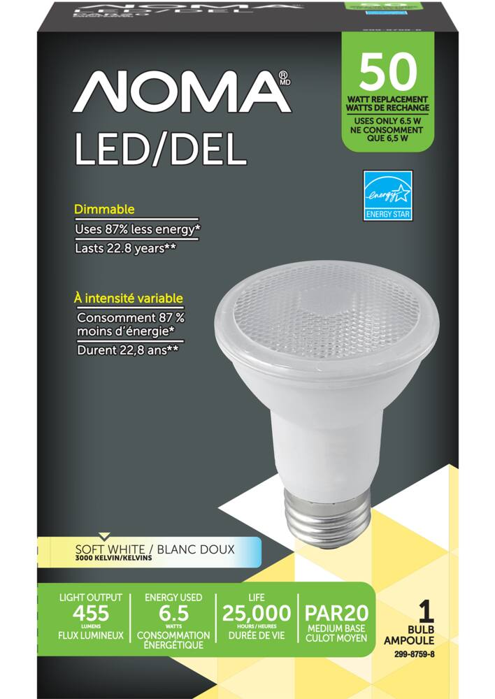 NOMA PAR20 E26 Base Dimmable LED Flood Light Bulb, 3000K, 455 Lumens, Soft White, 50W