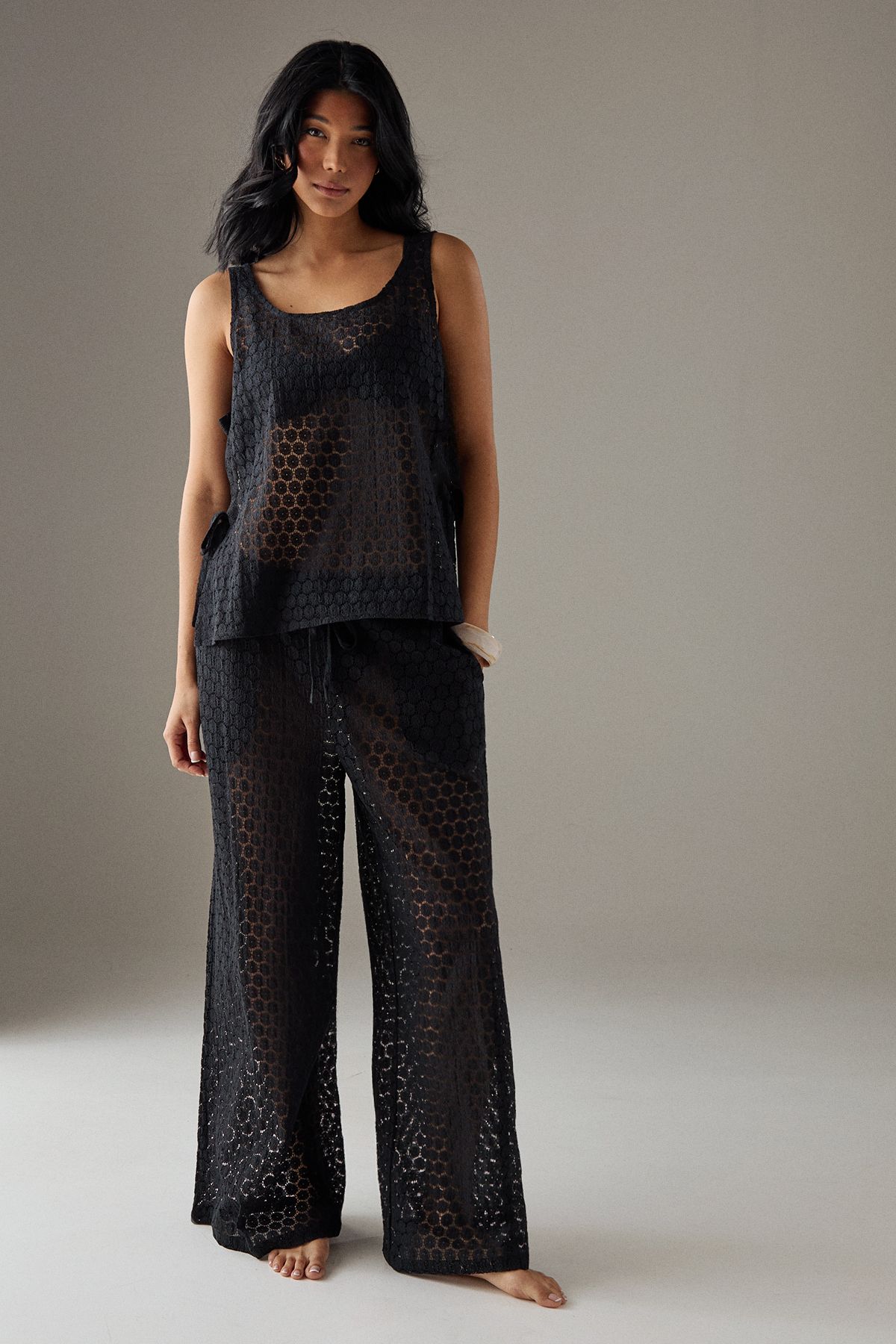 Warehouse Crochet Drawstring Waist Wide Leg Trousers