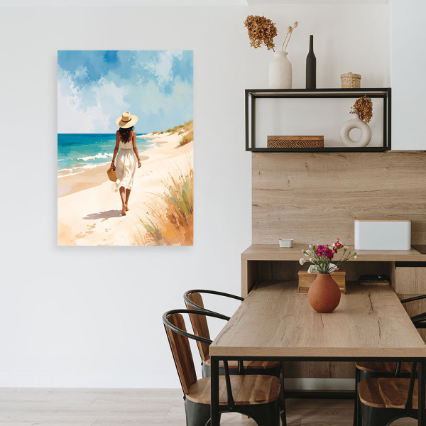Obraz do salonu sypialni, Kobieta spaerująca po plaży 20x30