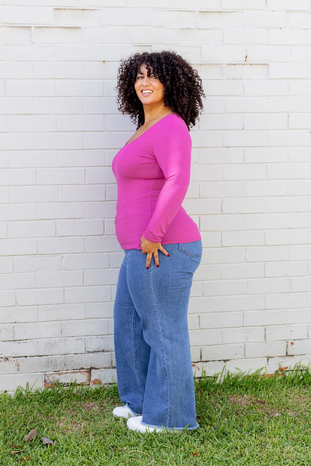 Billi Long Sleeve Rib Tee in Fuchsia