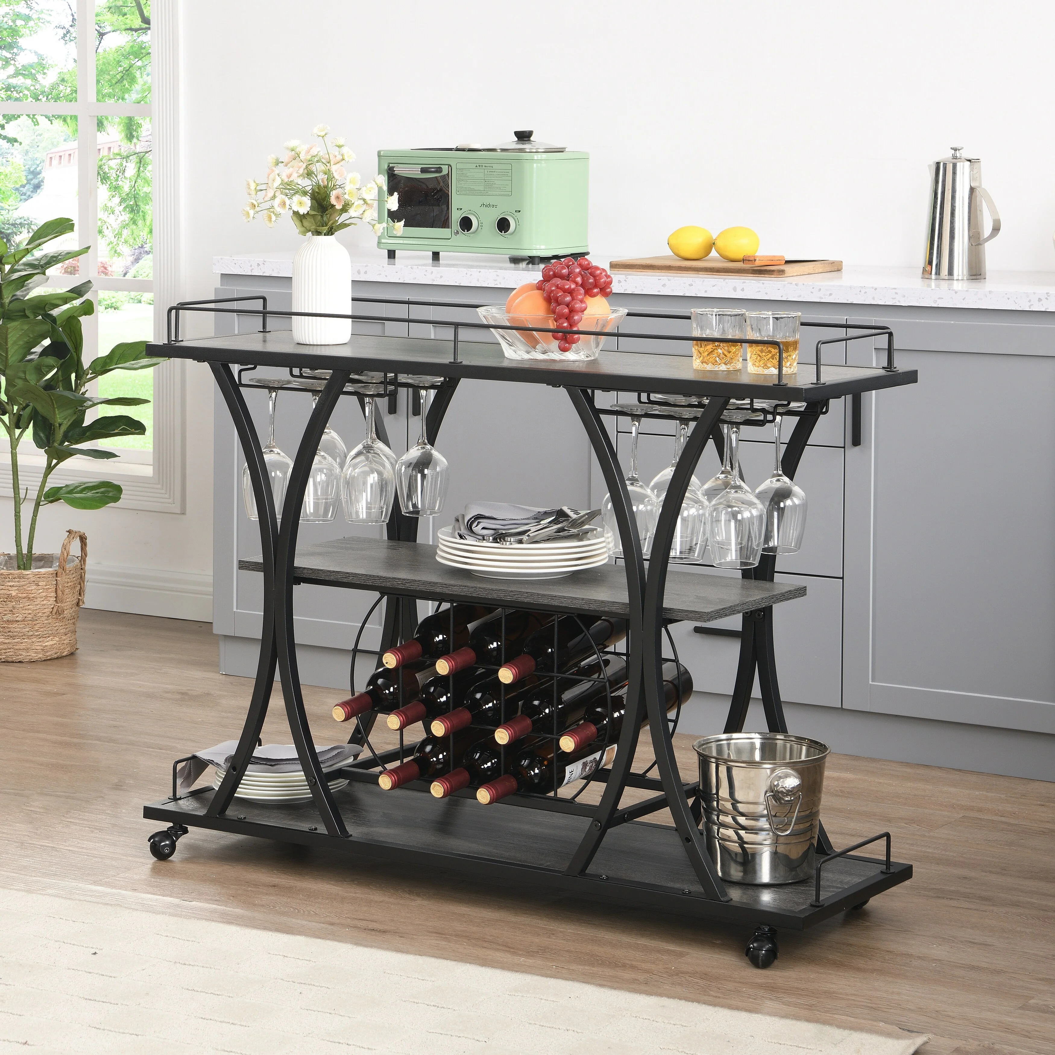 Bar Kitchen Serving Cart with Wine Rack, Glasses Holder, Home 3 Tier Storage Trolley, Universal Casters with Brakes