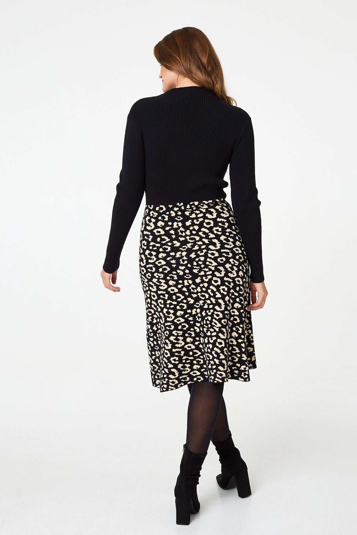 Izabel London Animal Print Contrast Knit Midi Dress