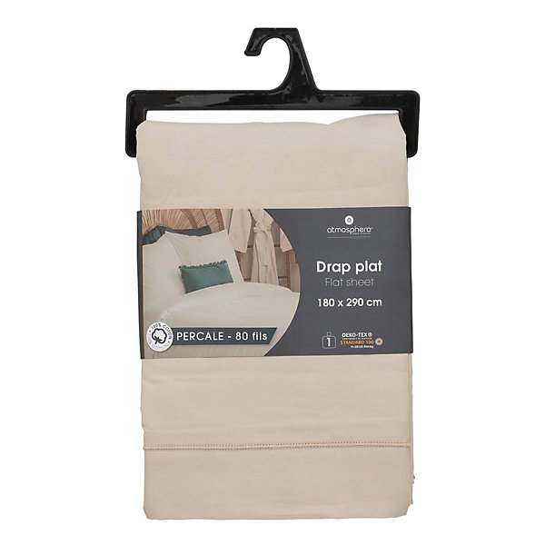 Drap plat - percale - beige lin - 180x290 cm - Atmosphera