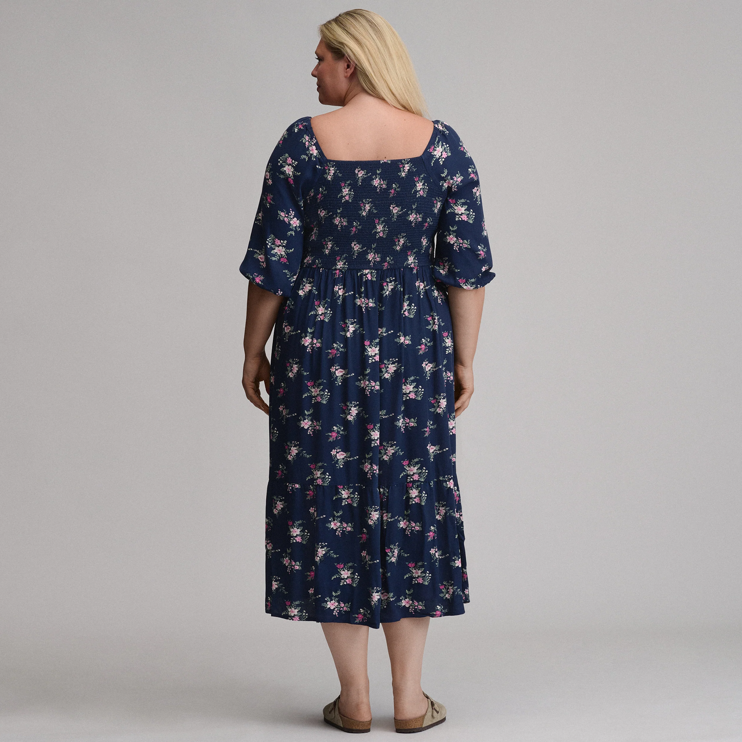 Women's Printed 3/4 Sleeve Smocked Bodice Dress