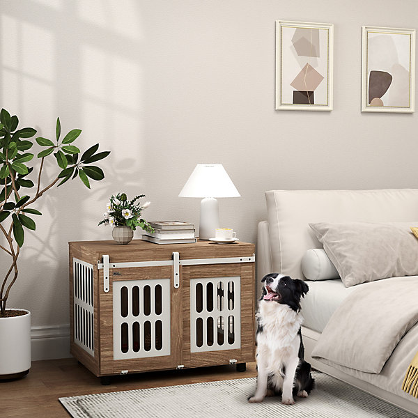Cage pour chien en bois - porte coulissante verrouillable - dim. 80 x 59 x 63 cm - acier beige effet bois noyer