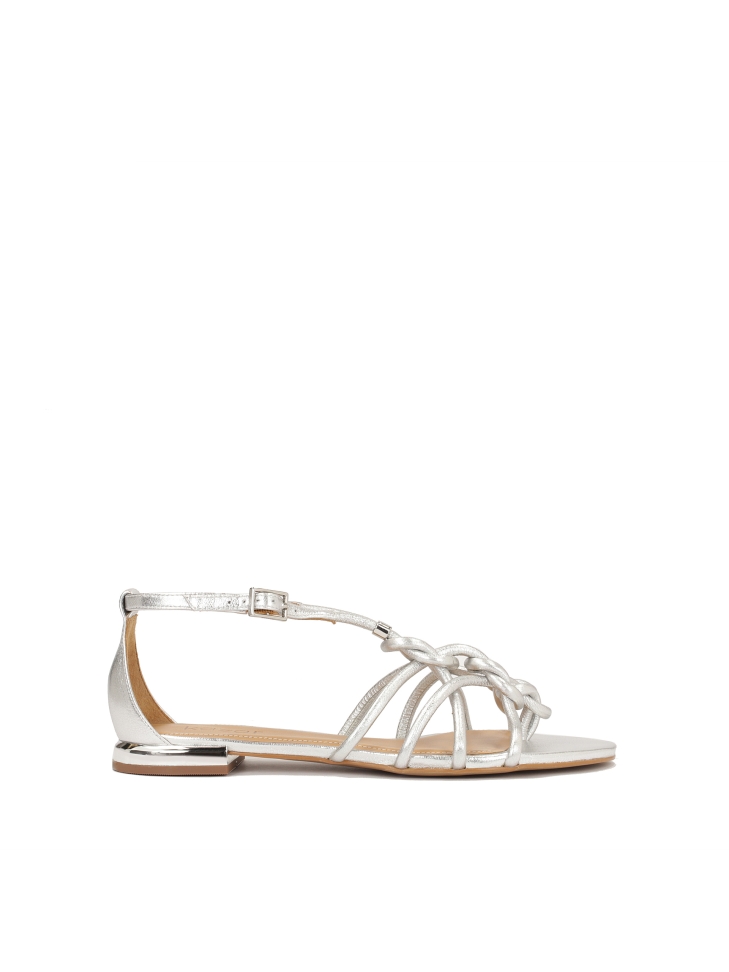 Silver flat sandals with interlaced straps