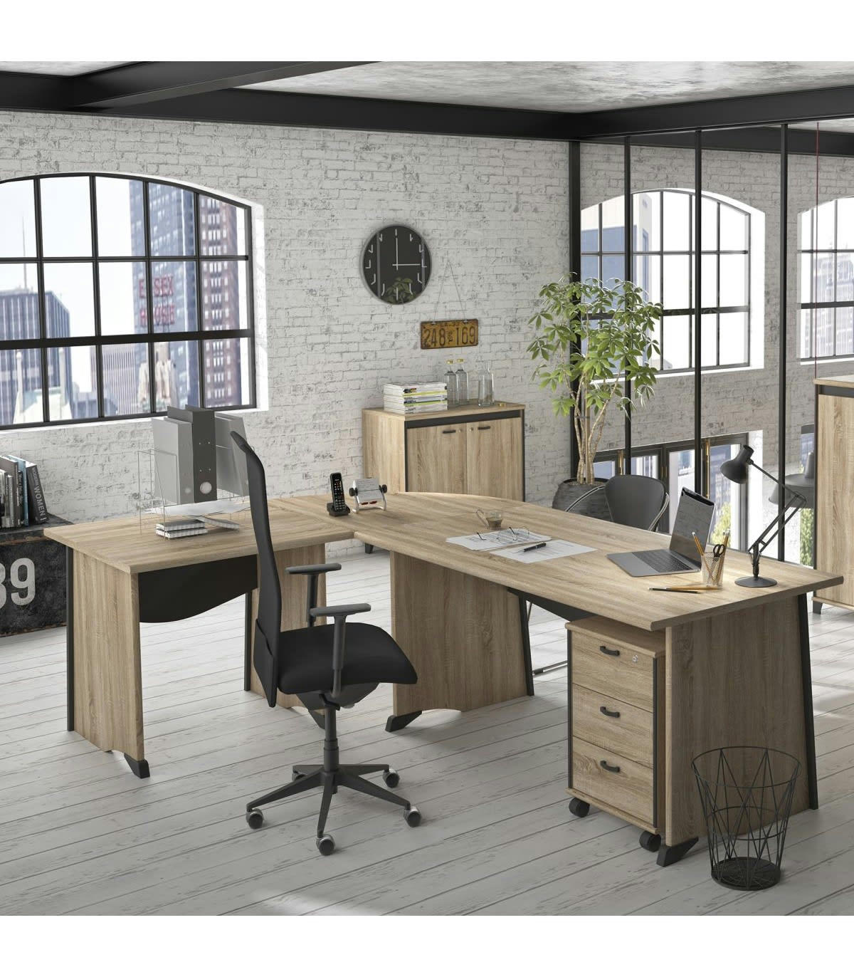 - Bureau style industriel avec voile de fond - Beige et Noir