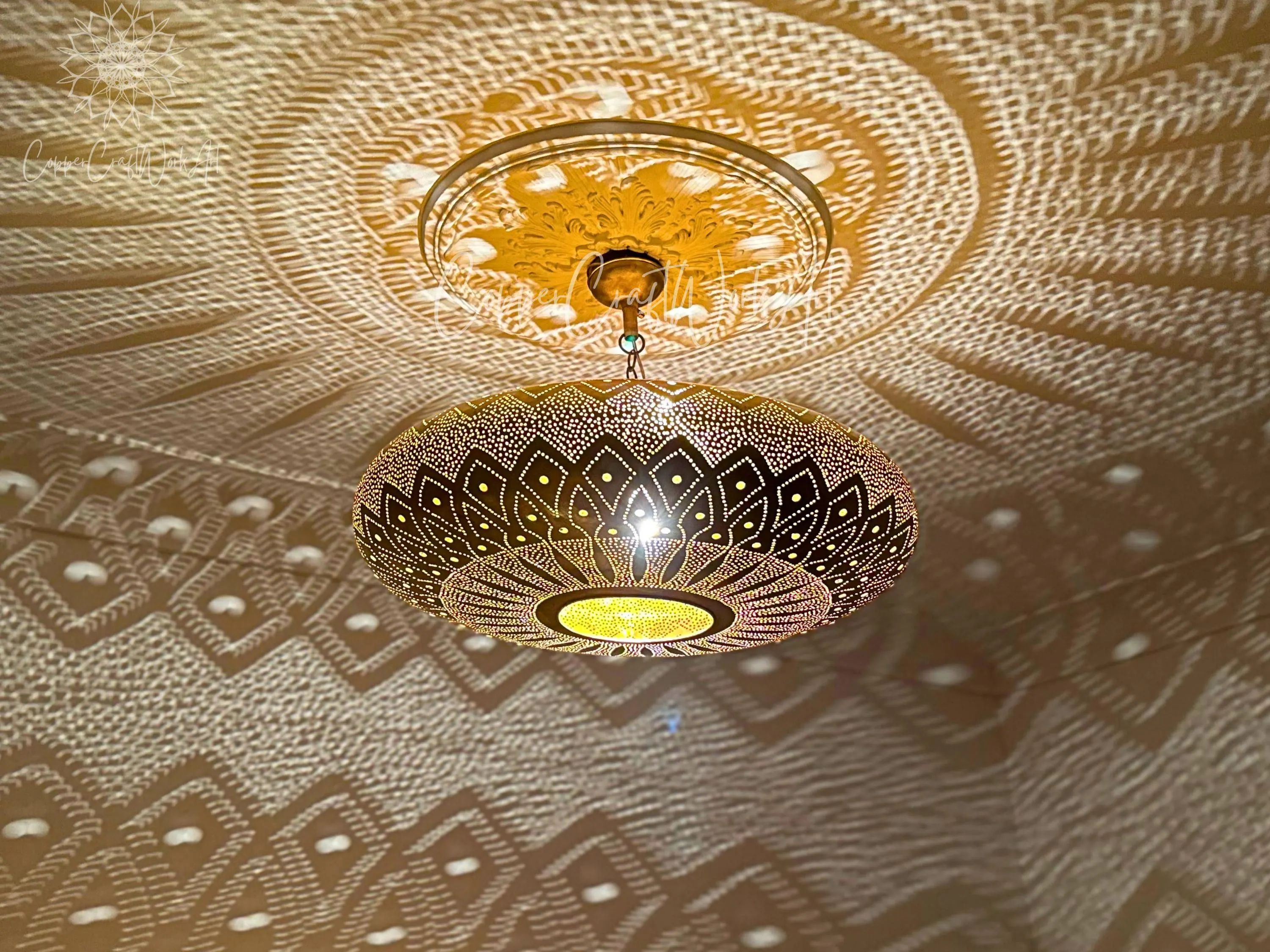 Handcrafted Moroccan Copper Chandelier – Bohemian Brass Pendant Light with Engraved Design – 5 Color Options – Intricate Ceiling Lighting