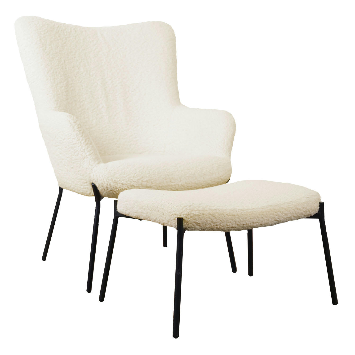 EIRA - Fauteuil en tissu bouclette beige avec repose-pieds