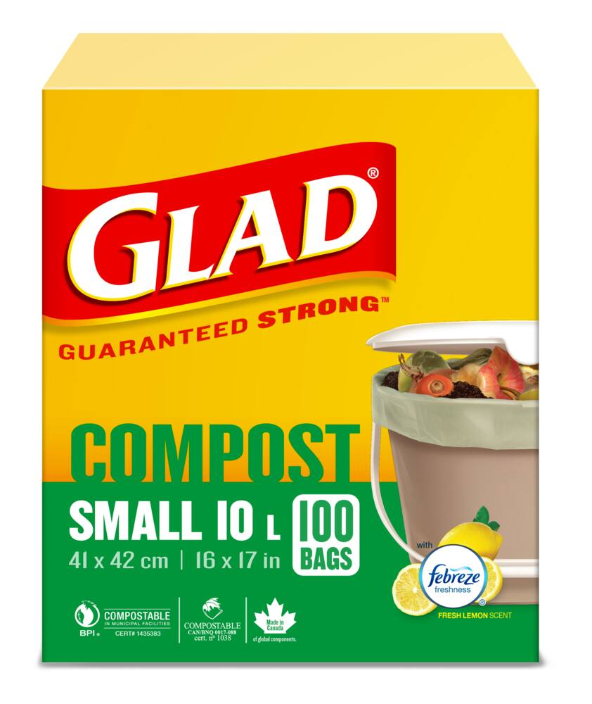 Glad Small 100% Compostable Febreze Lemon Scented Food Waste Bags, 100-pk, 10-L