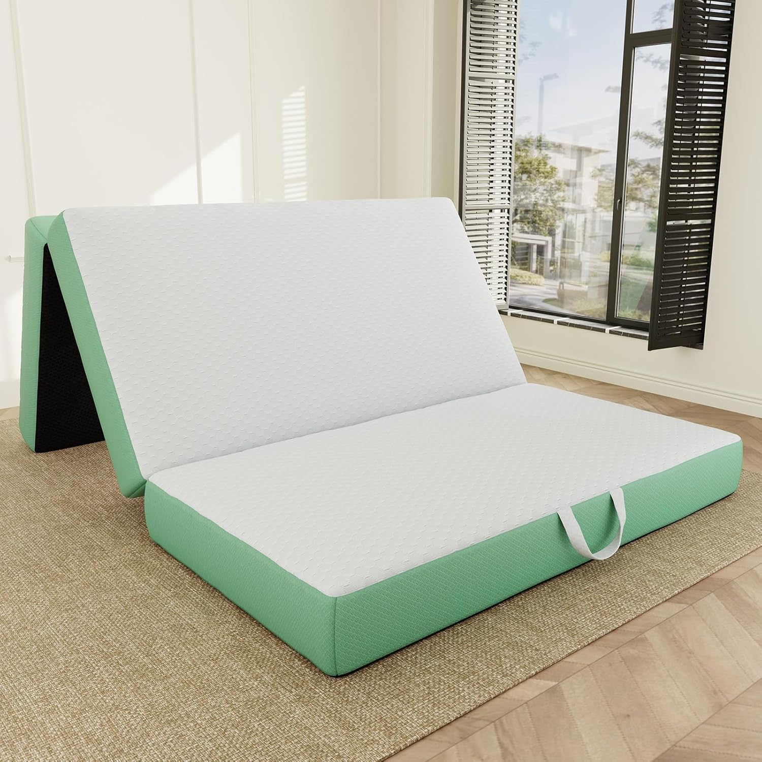 Memory Foam Trifold Mattress, Queen Portable Floor Bed 6 Inch, Foldable Mat with Washable Cover, Handle & Non-Slip Bottom, for RV, Travel, Camping, Yoga, 78x58x6, White Green