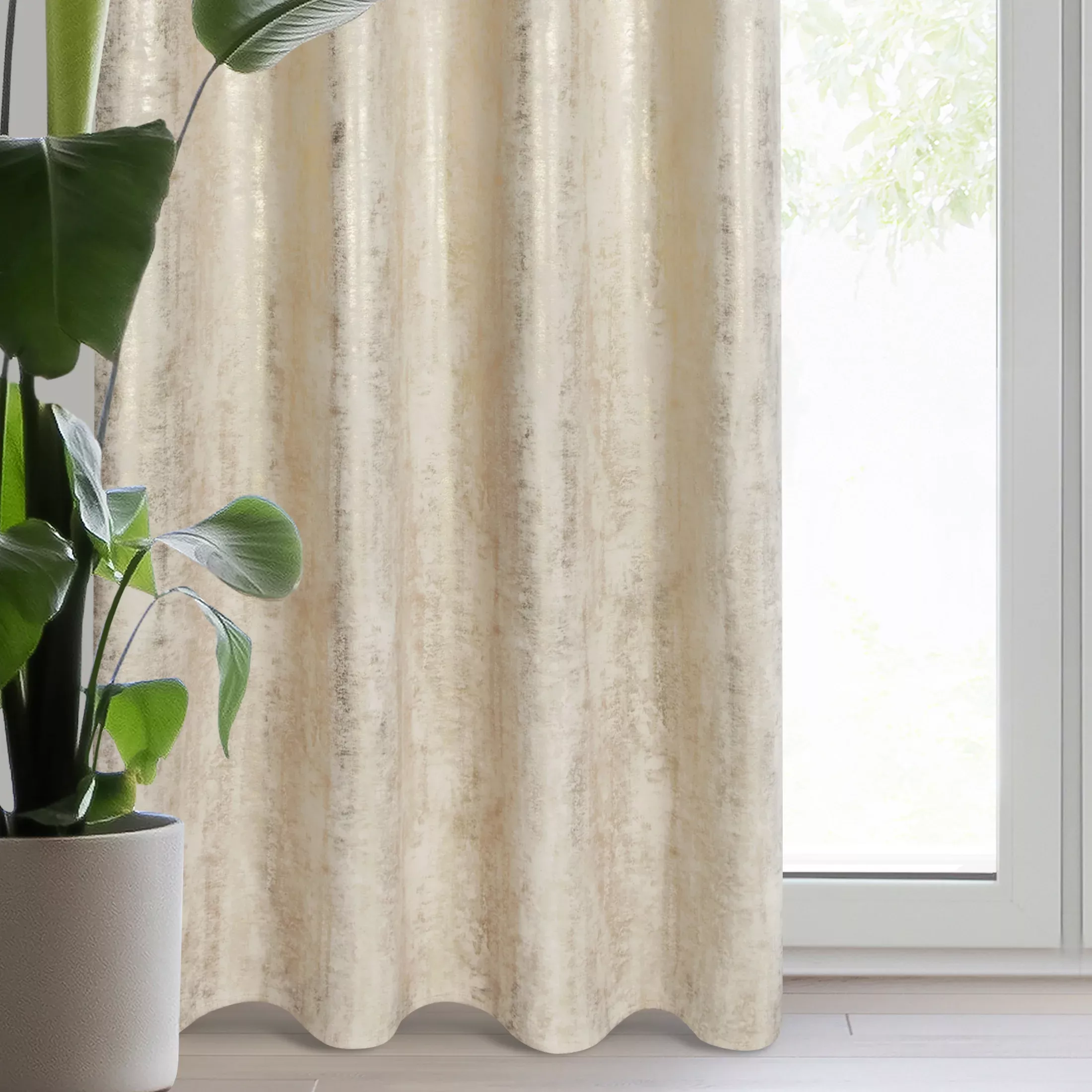 Zasłona welwetowa jasnobeżowo, złota zdobiona przecieranym wzorem 140x250 cm przelotka - RENIA