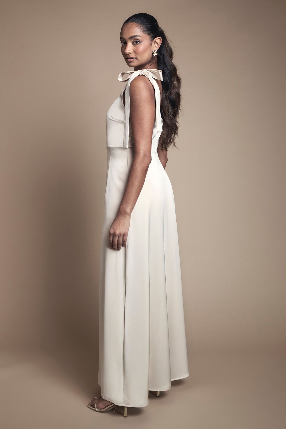 Oasis Champagne Satin Tie Shoulder Midi Bridesmaid Dress