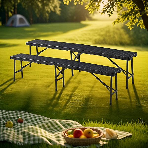 Lot de 2 bancs de camping pliables Mark 180 x 25 x 43 cm effet rotin noir en.casa