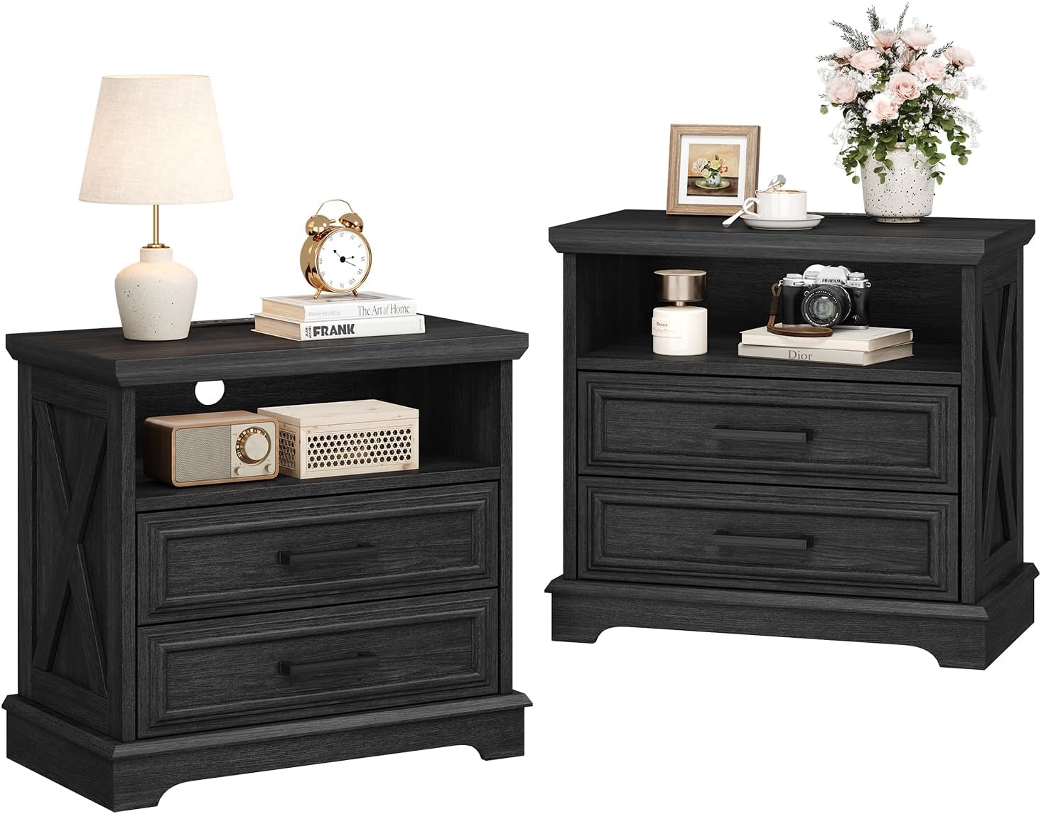 24 Inch Wide Farmhouse Nightstands Set of 2 with Charging Station, Dark Gray Nightstand with 2 Large Drawers, Rustic Wood End Table for Bedroom