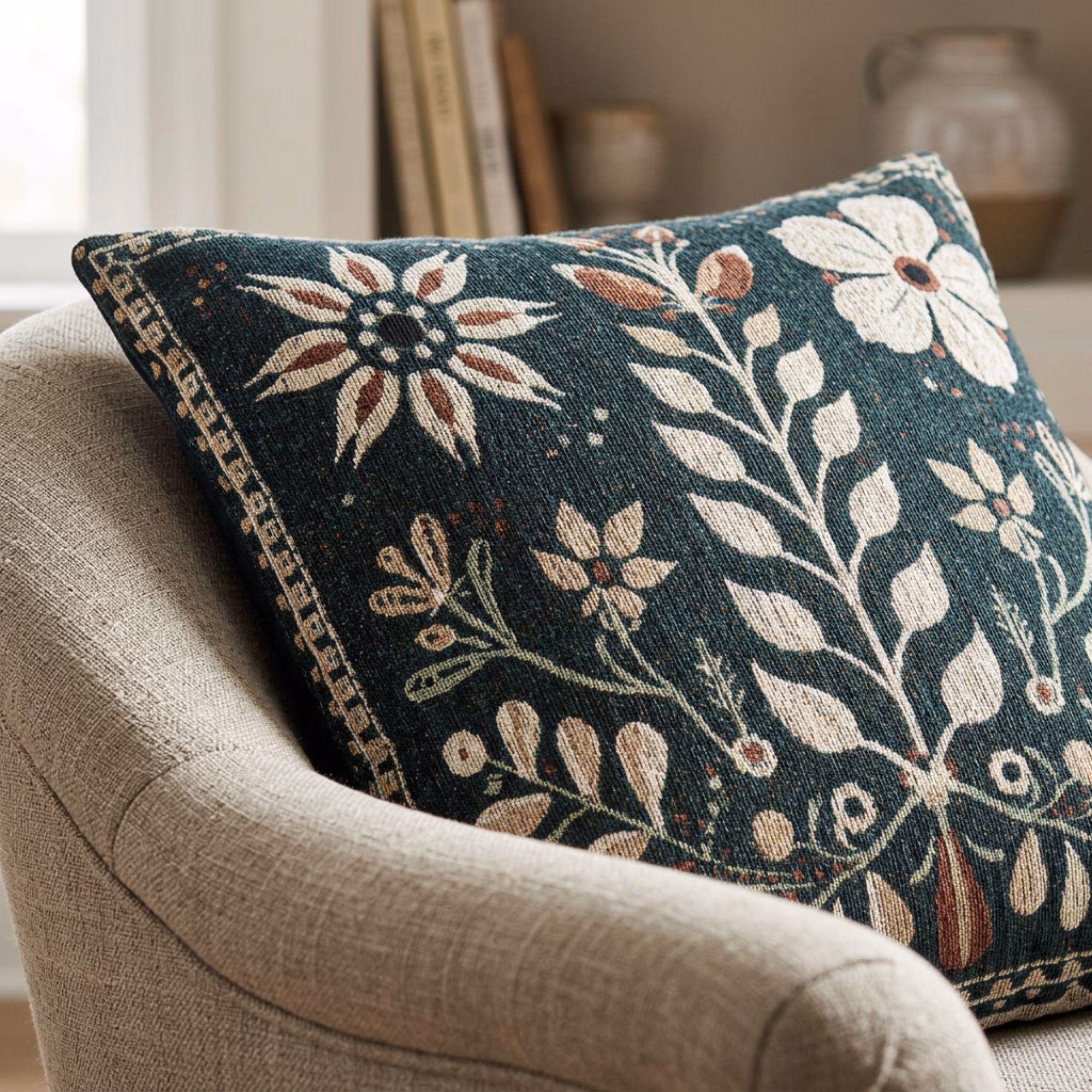 Scandinavian Folk Art Woven Cushion, Woven Nordic Floral Throw Pillow, Swedish Folk Decor, Cottagecore Flower Pillow