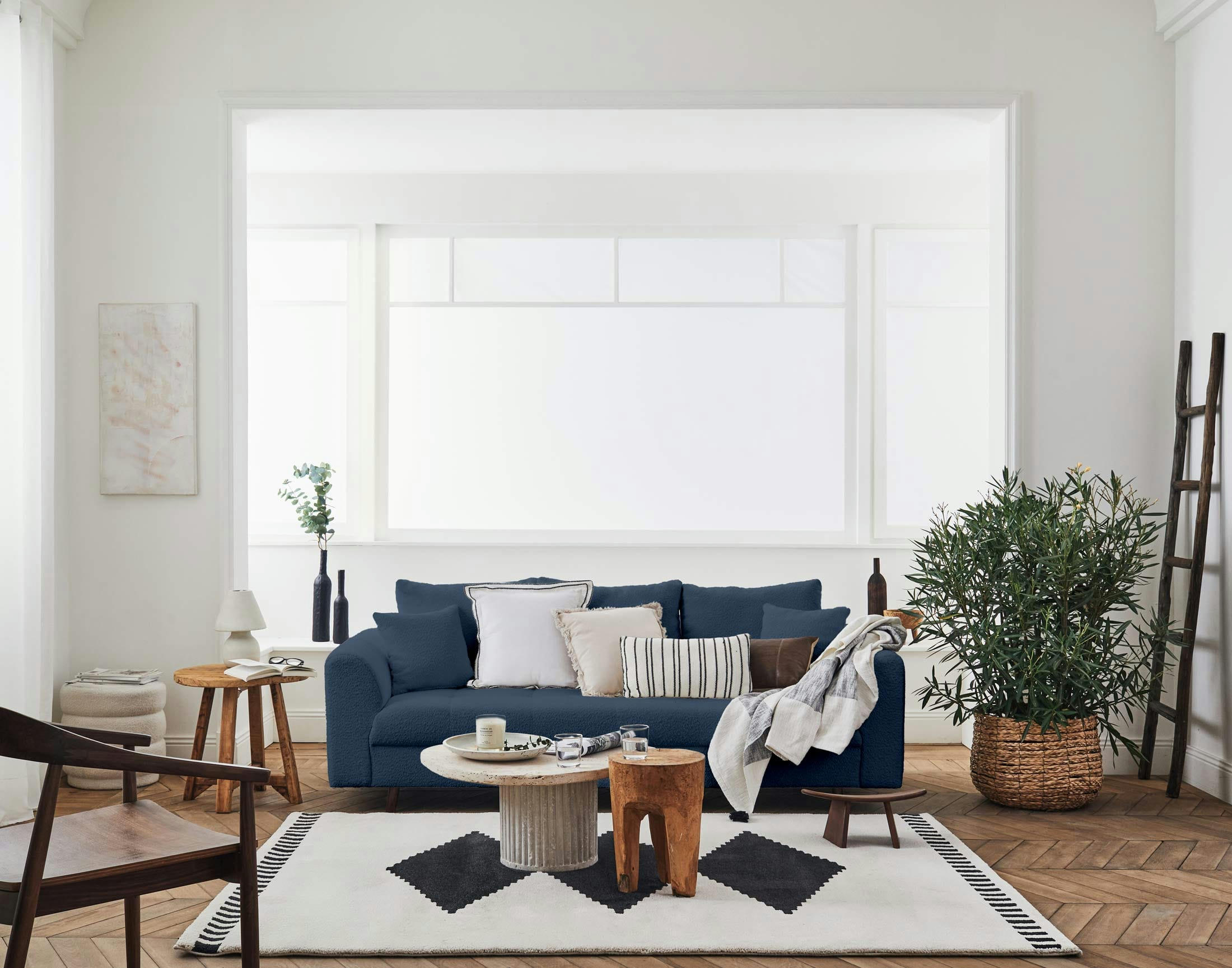 RUNE - Canapé droit 3 places en tissu bouclette bleu nuit