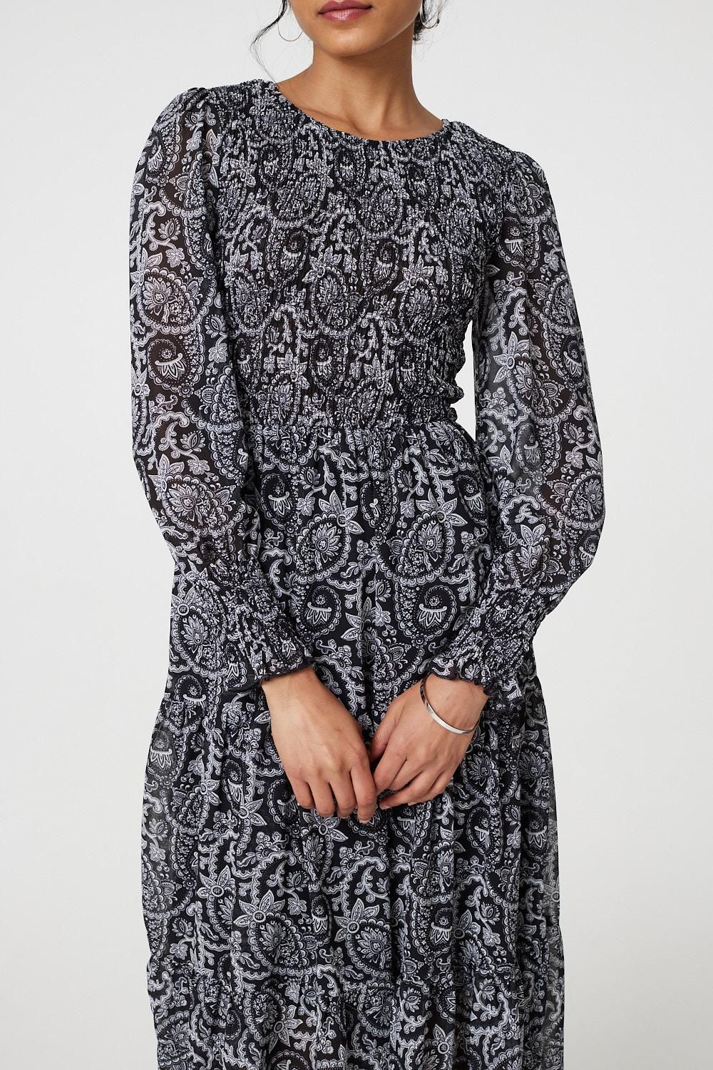 Izabel London Paisley Long Puff Sleeve Midi Smock Dress
