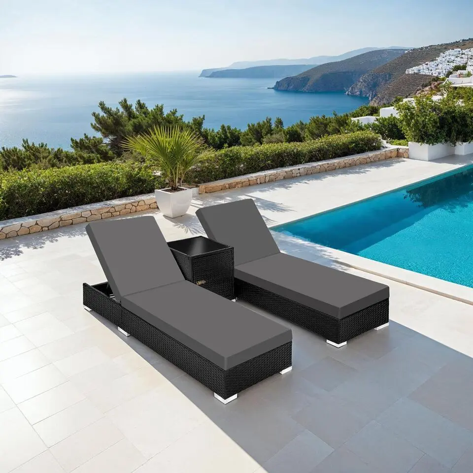 tectake Wicker Ligbedden Set van 2 - Zwart - Inclusief Kussens en Tafel