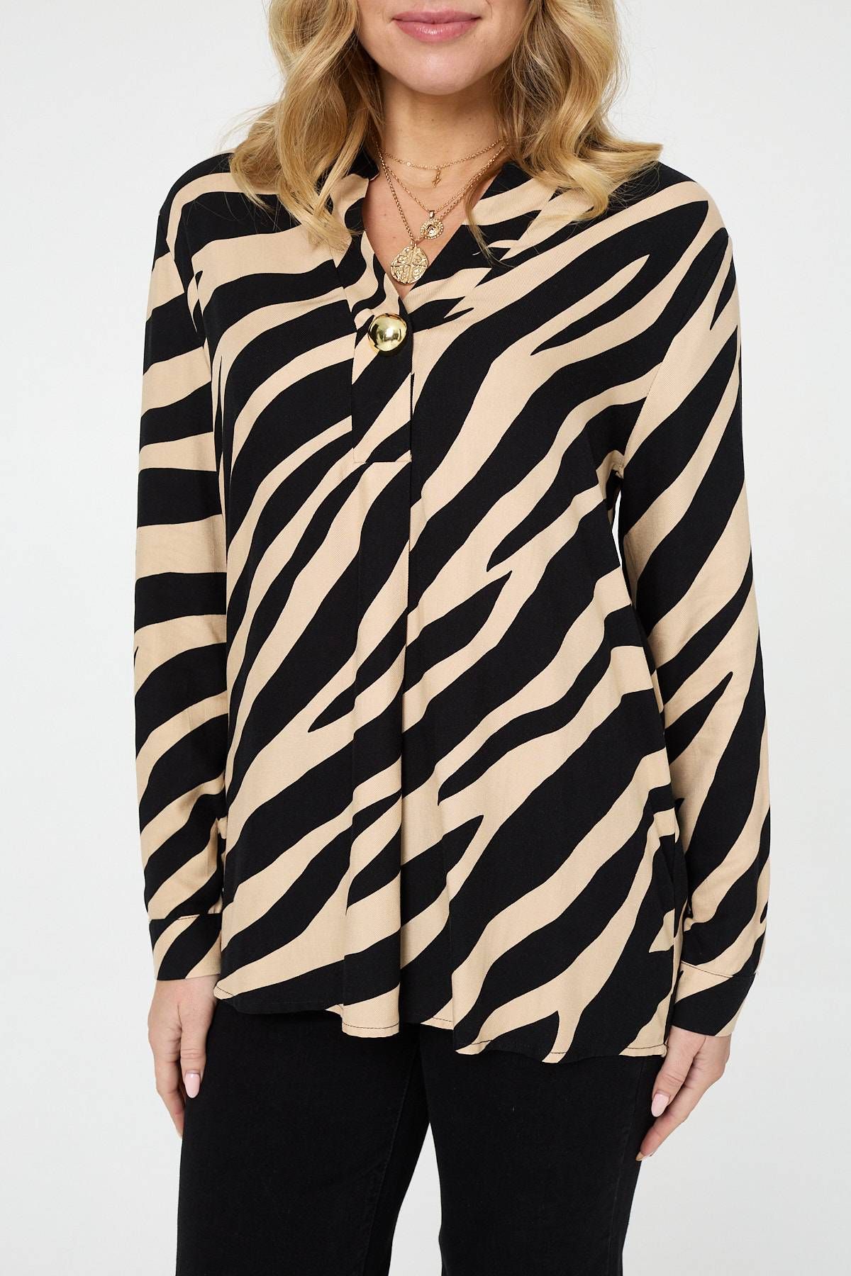 Izabel London Zebra Print Long Sleeve Slim Blouse