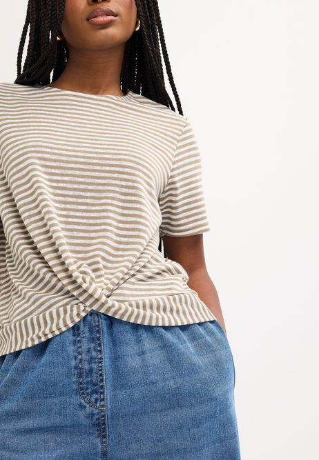 Womens Sage Stripe Front Knot T-Shirt