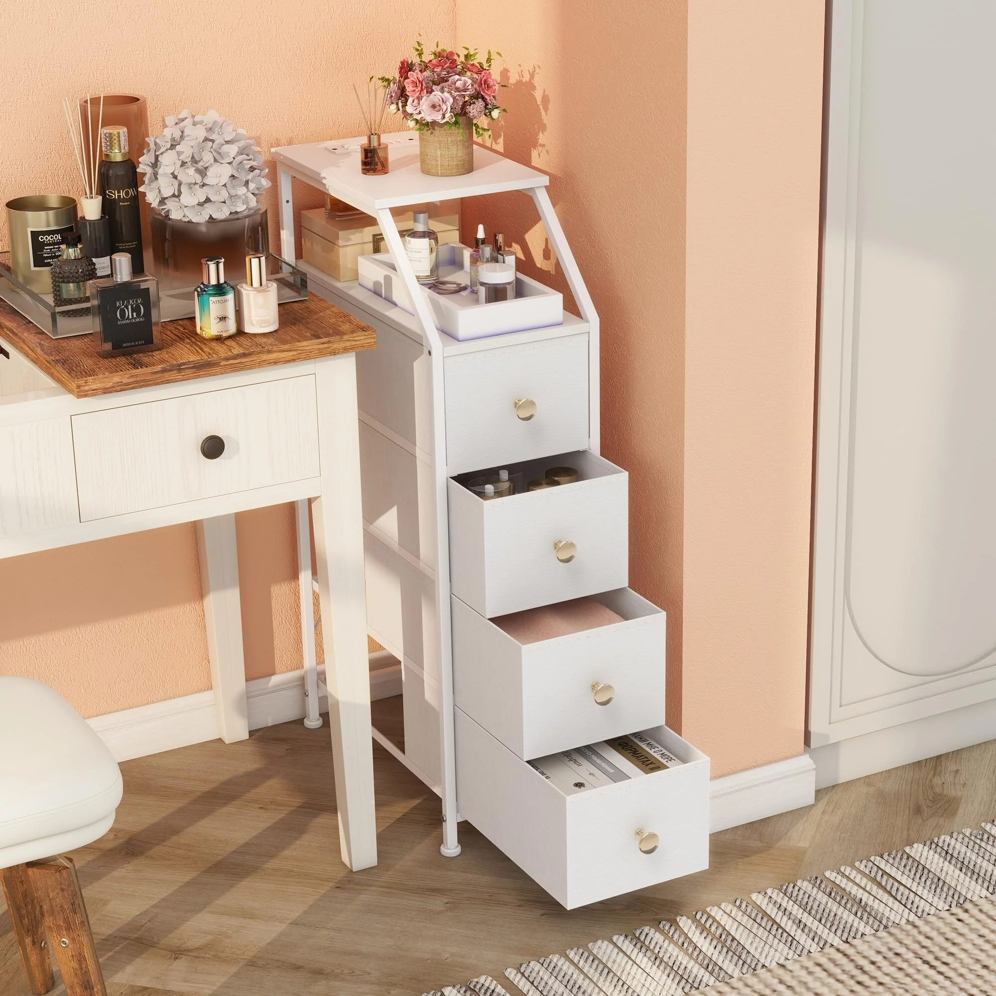 White Narrow 4 Drawer Dresser with Charging Station Tall Skinny Storage Tower Nightstand for Bedroom Bathroom Small Spaces