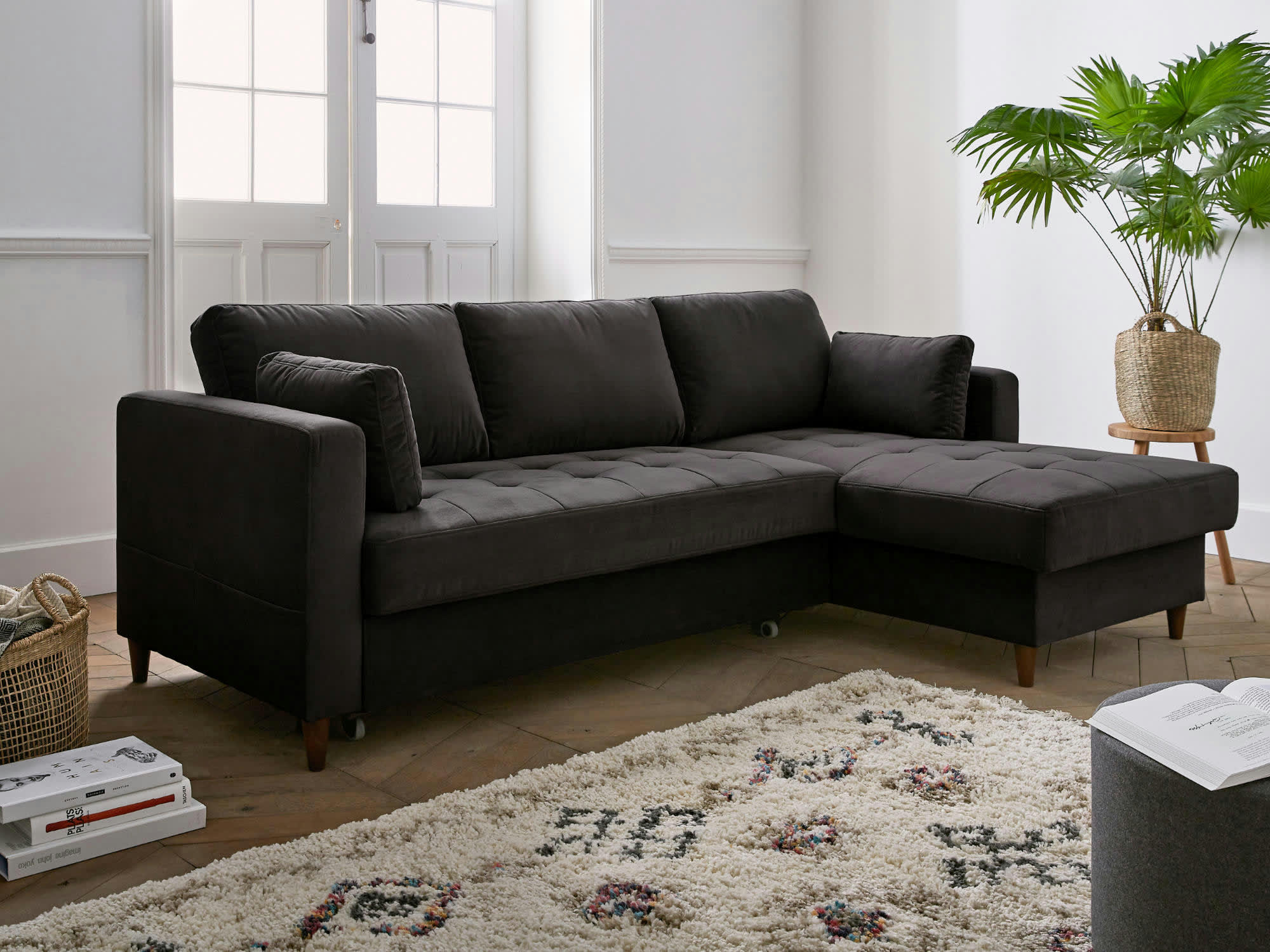 ANNA - Canapé d'angle droit convertible 4 places en velours gris foncé