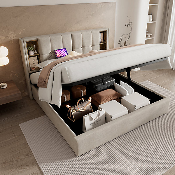 Lit 160x200 cm tete de lit avec rangement et ports USB Type C, tapisse lin, coffre a verins