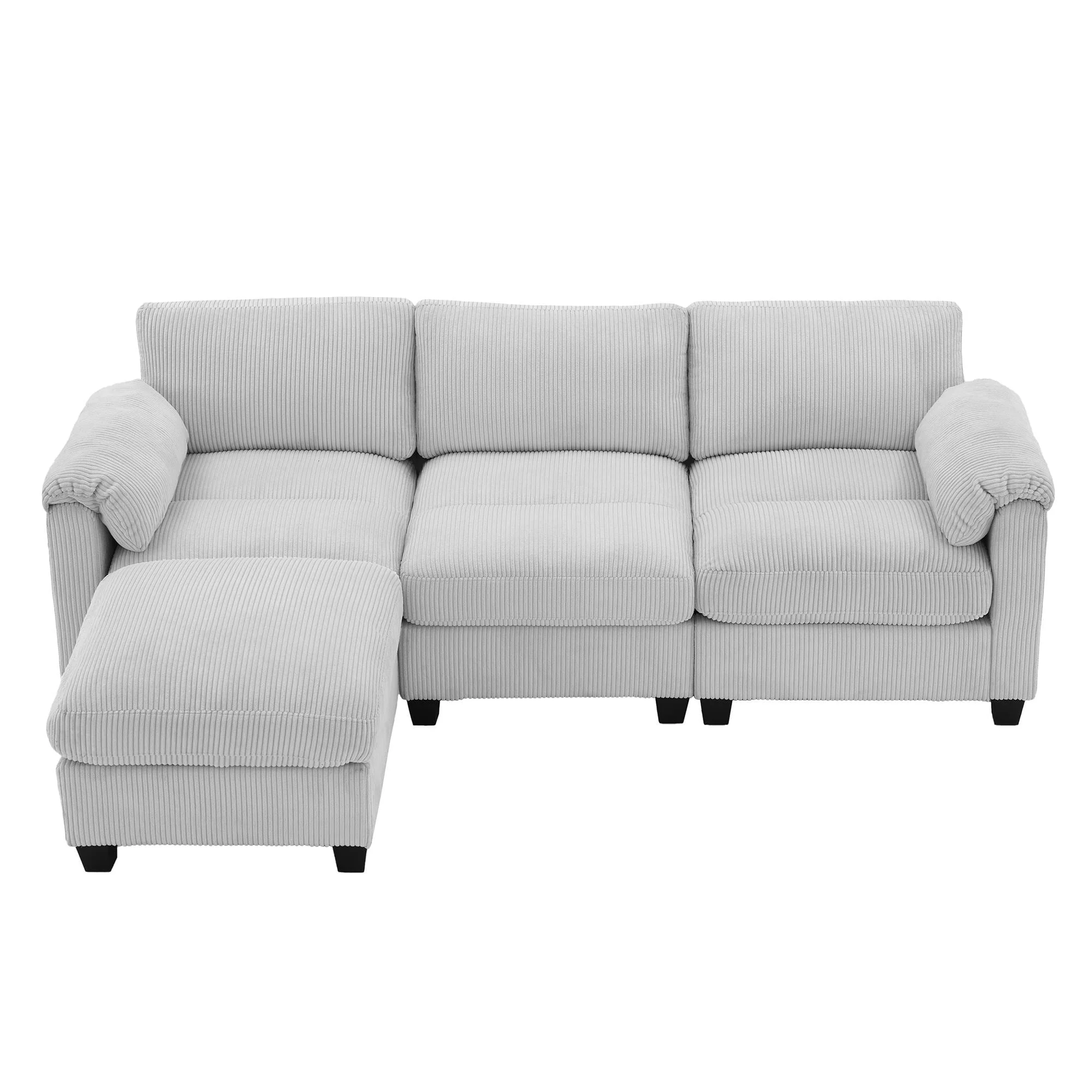 Corduroy Sectional Sofa with a Removable Ottoman, L-shaped Reversible 4-seat Modular Couch