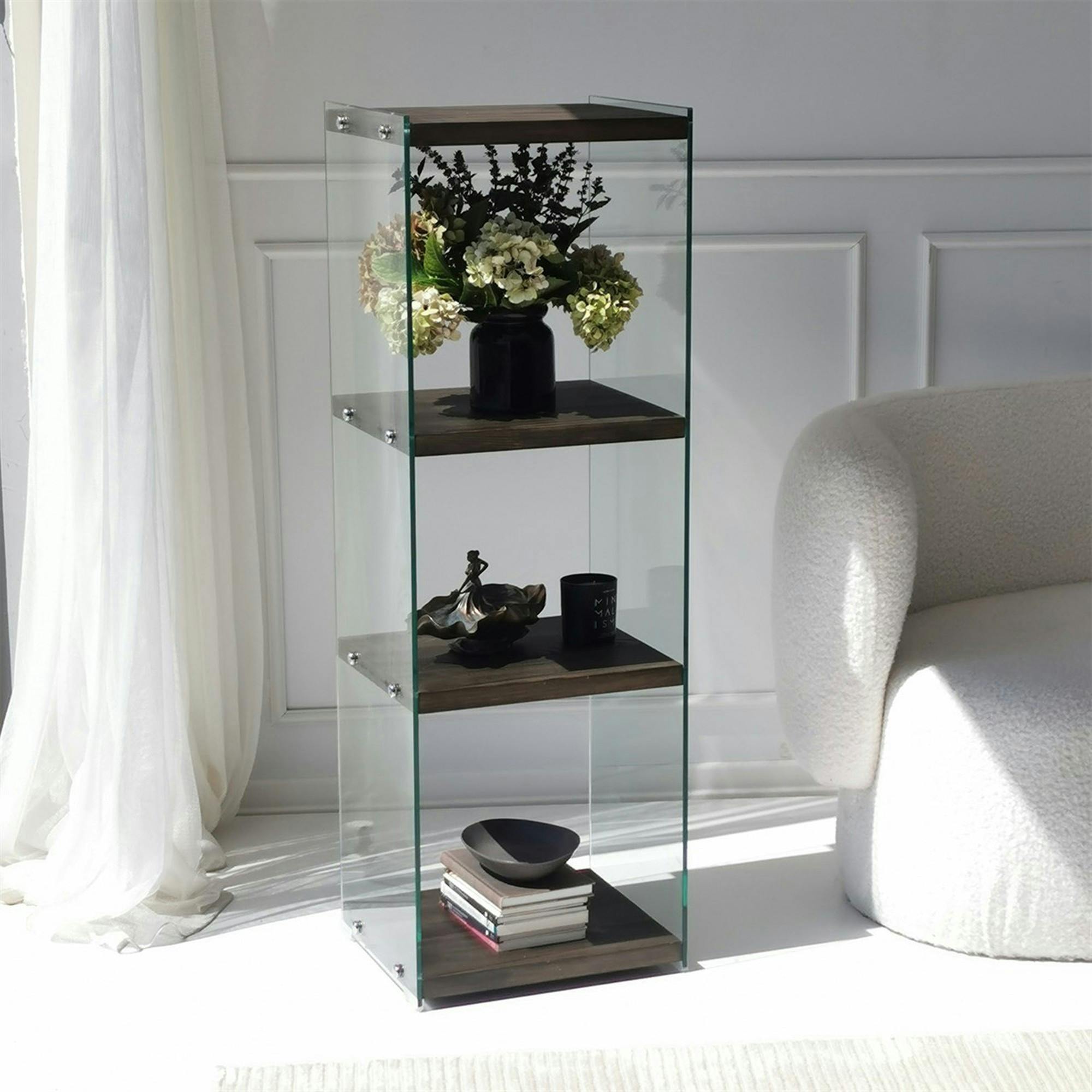 Colonne vitrine design - bois gris foncé, 4 plateaux LHASA