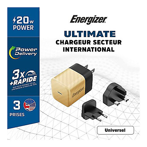 Chargeur mural international ENERGIZER USB-C 20W 4A Noir et Or