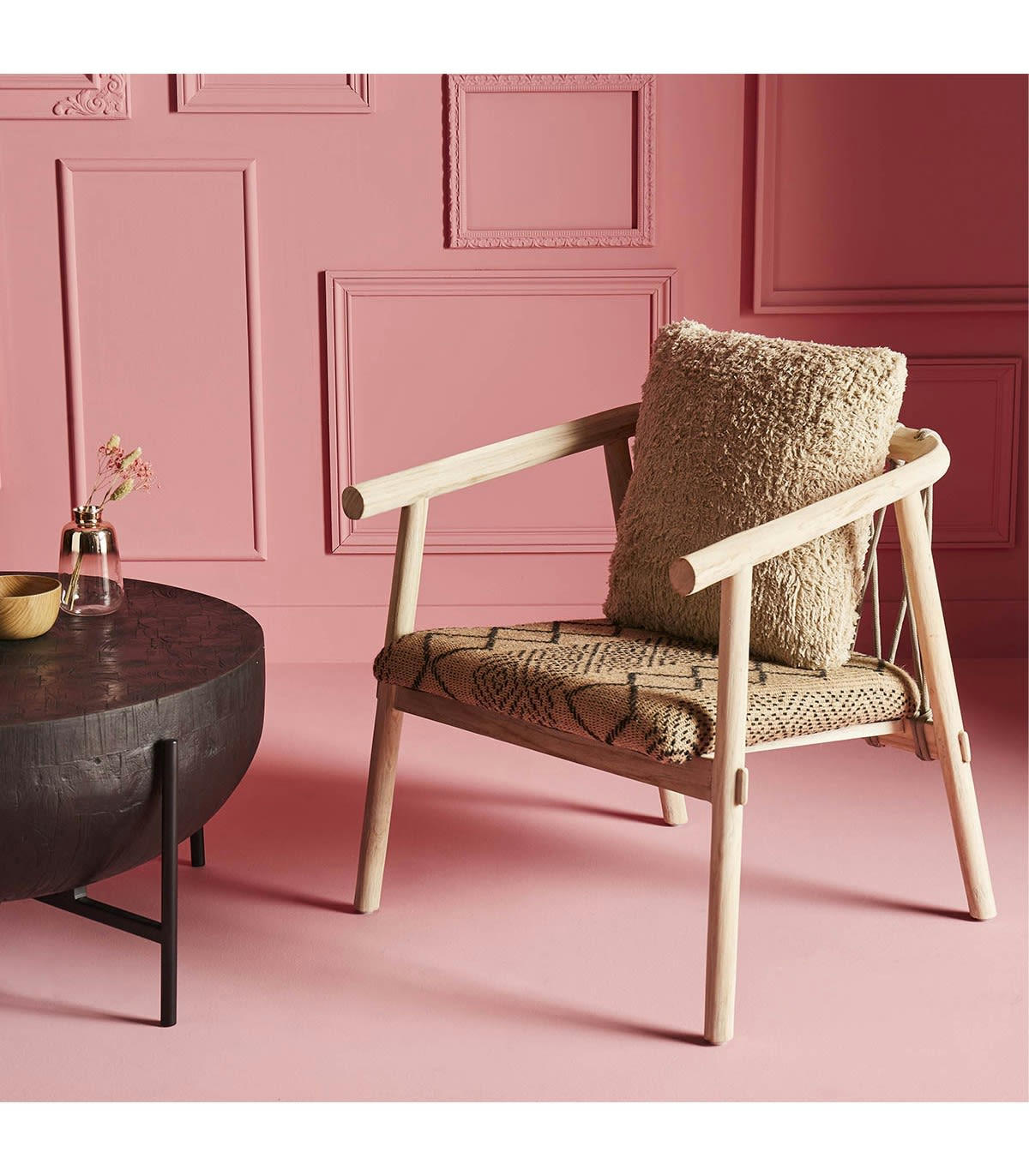 DANAKI - Fauteuil en Teck avec Assise en Tissu Style Ethnique