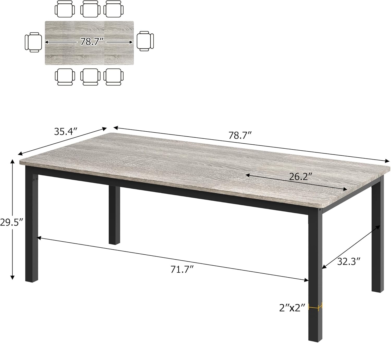 Garvee 79 in Dining Table for 6, Farmhouse Wooden Kitchen Tables for Family, Rectangular Industrial Style Dining Room Table with Sturdy Metal Frame, Long Desk for Restaurant, Kitchen, Office,Grey