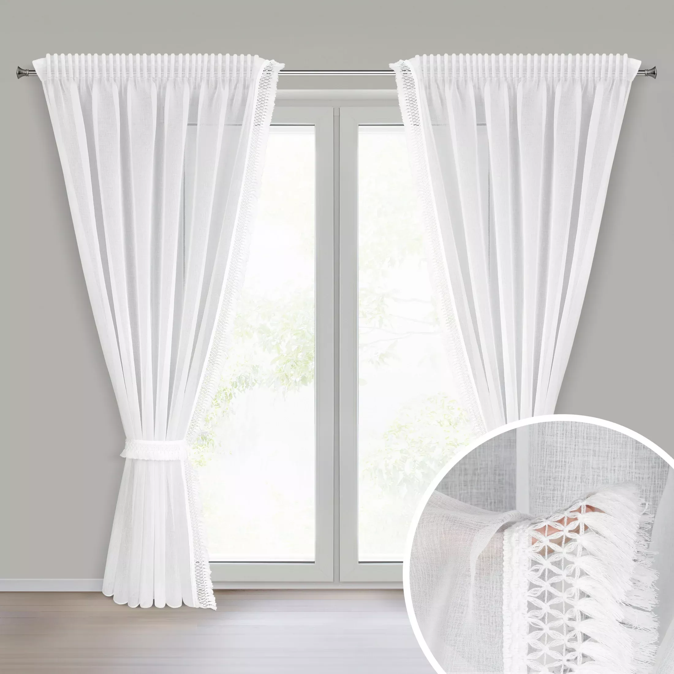 Komplet firan białych 2 szt z etaminy zdobionych subtelnymi frędzlami w zestawie troczki 140x270 cm taśma KIRA 3
