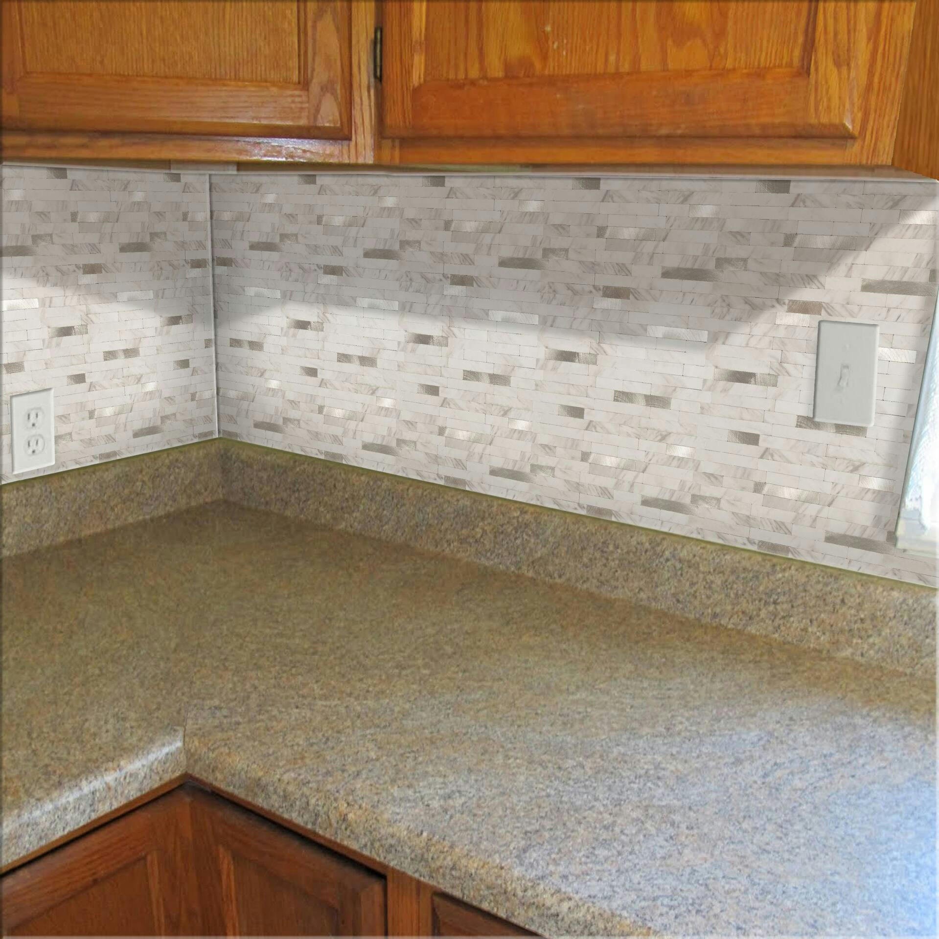 Murella Peel & Stick DIY Backsplash Wall Tile, Marble/Brushed Silver